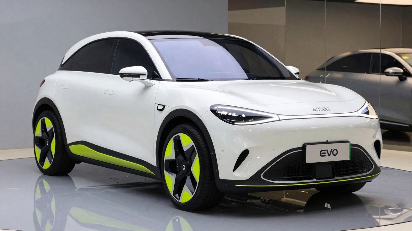 Carro elétrico compacto branco Smart EVO com detalhes verdes em exposição interior moderna.