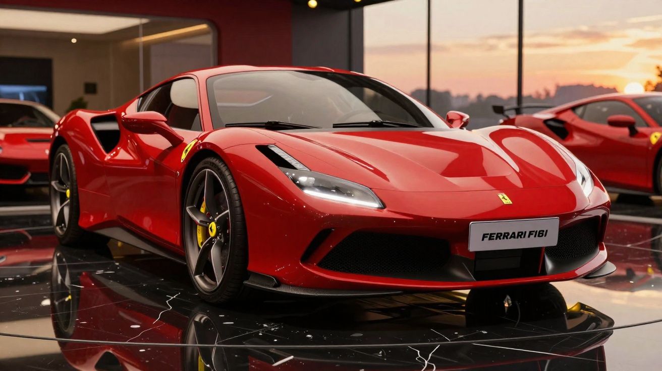 Carro desportivo Ferrari F8ti vermelho em exposição numa sala moderna com iluminação quente ao pôr do sol.