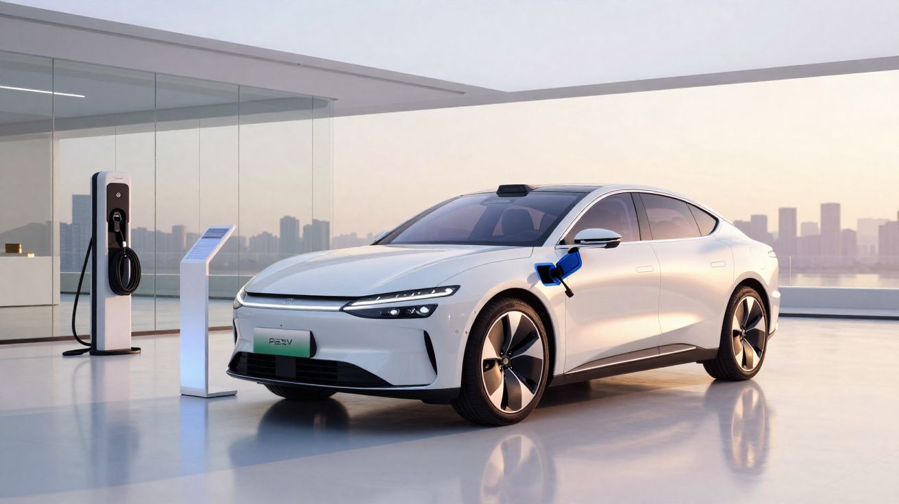 Carro elétrico branco a ser carregado numa estação de carregamento dentro de um espaço moderno com vista urbana.