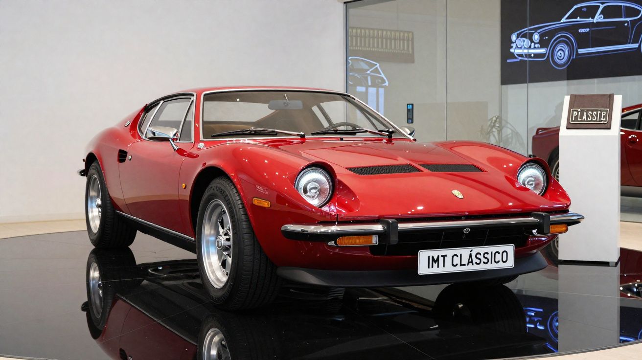 Carro clássico vermelho exposto em showroom com placa "IMT Clássico" e pavimento espelhado.