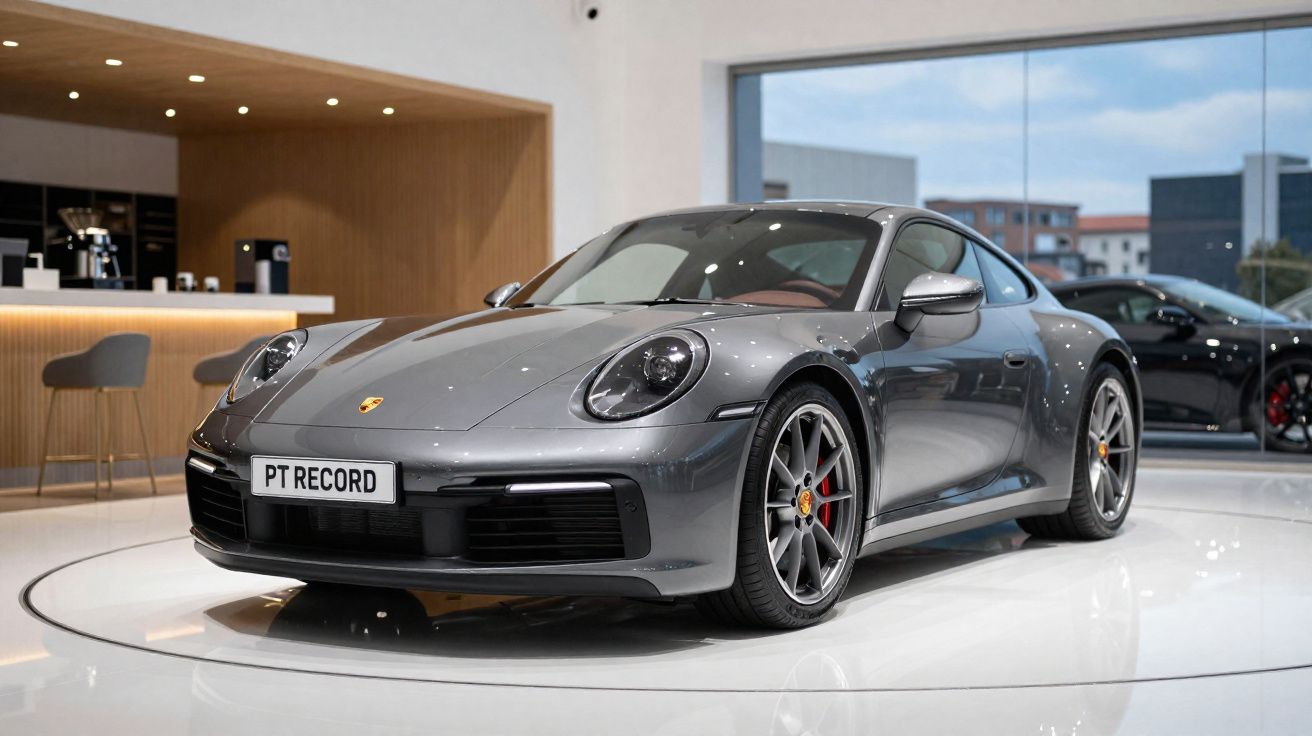 Carro desportivo cinzento Porsche 911 exposto em showroom moderno com piso brilhante e iluminação suave.