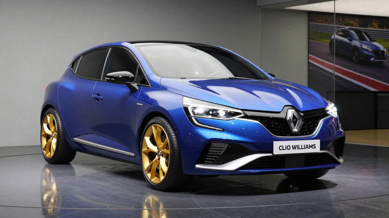 Renault Clio Williams azul com jantes douradas exposto em ambiente interior moderno.