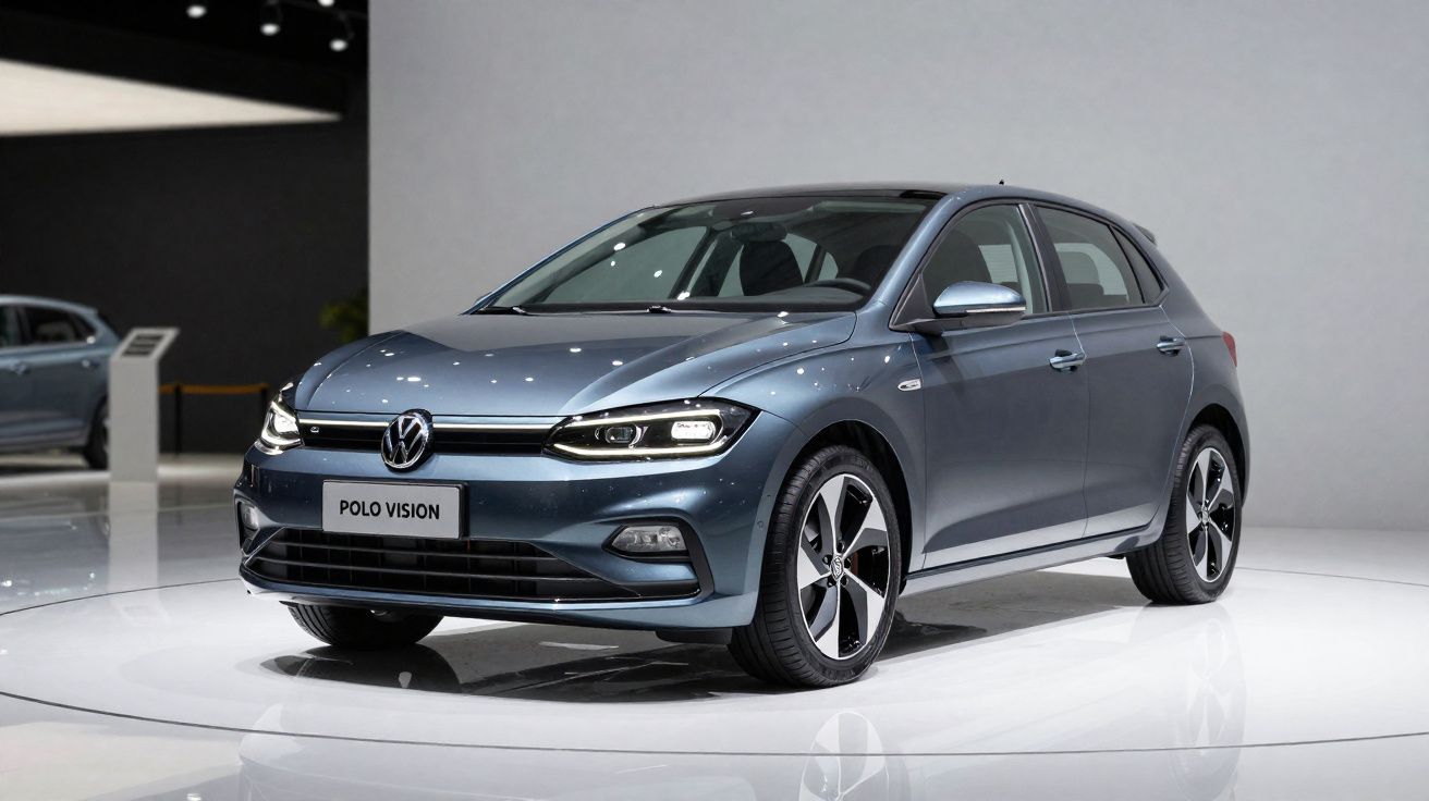 Volkswagen Polo Vision cinzento em exposição num salão automóvel com iluminação branca.