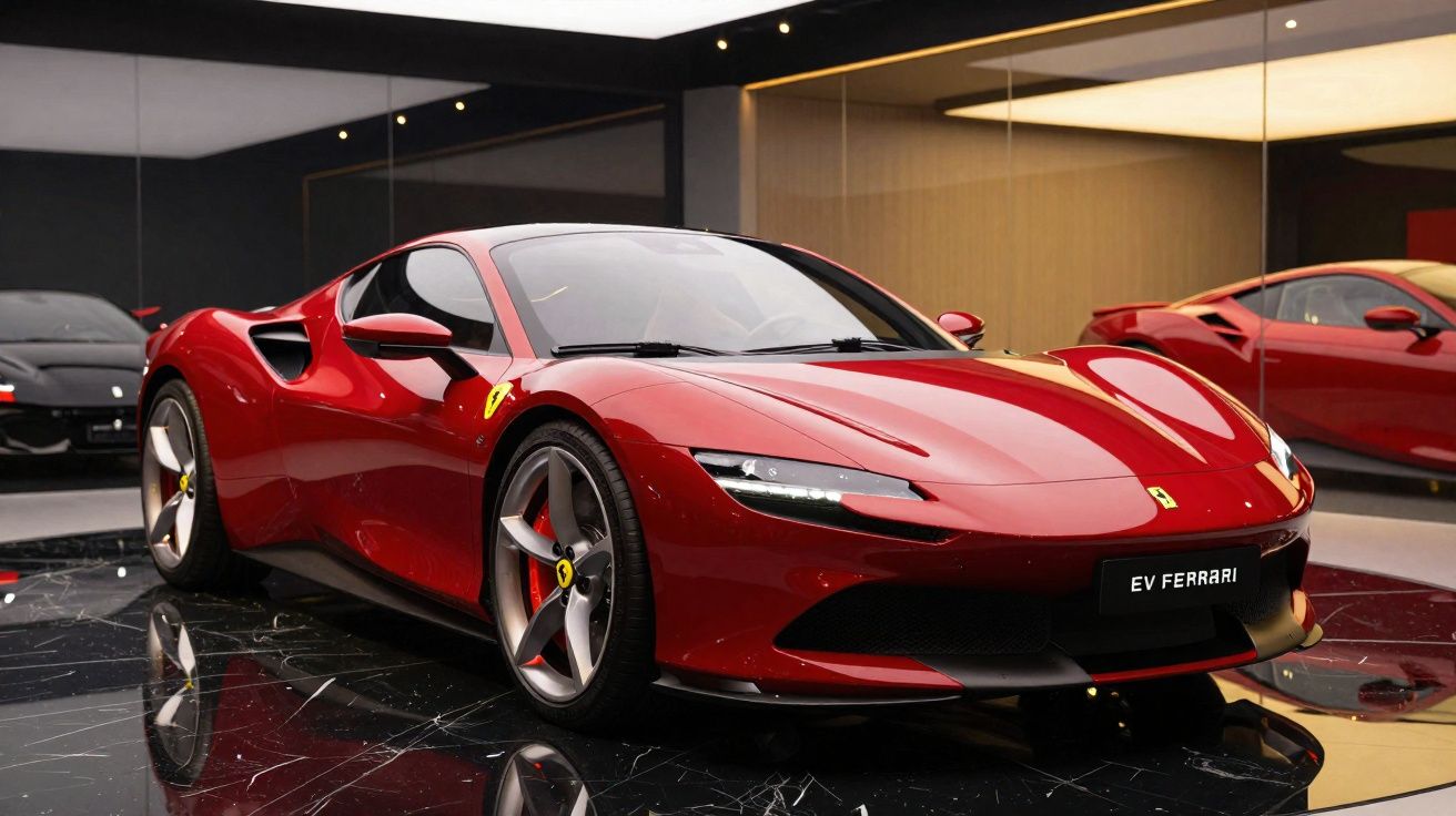 Carro desportivo Ferrari vermelho estacionado em chão preto brilhante num showroom moderno com espelhos.