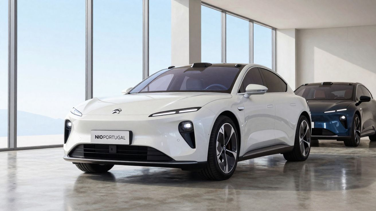 Dois carros elétricos NIO estacionados num espaço interior amplo e iluminado com grandes janelas.