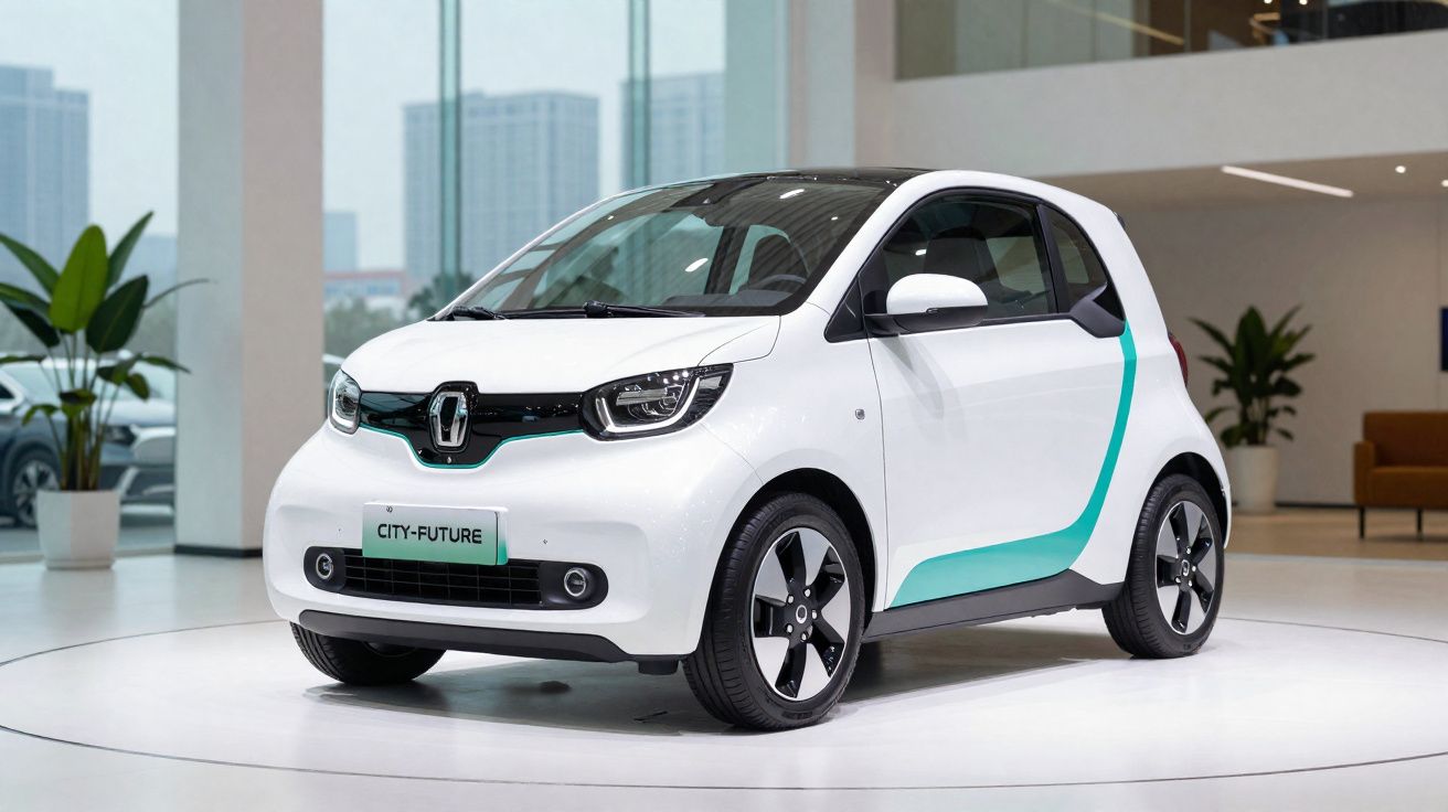 Carro elétrico compacto branco com detalhes verdes exposto em ambiente moderno com plantas e janelas grandes.