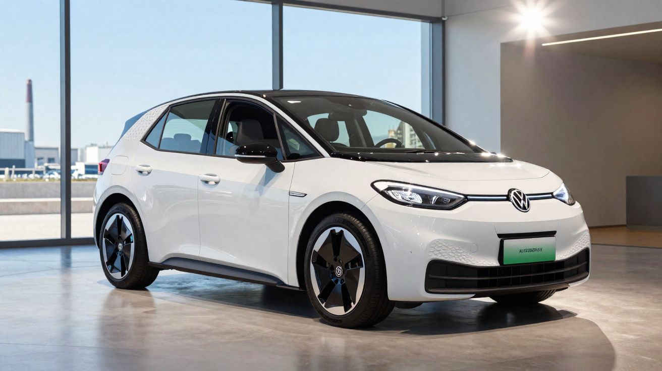 Carro elétrico Volkswagen branco em exposição interior com jantes pretas e teto panorâmico em vidro.