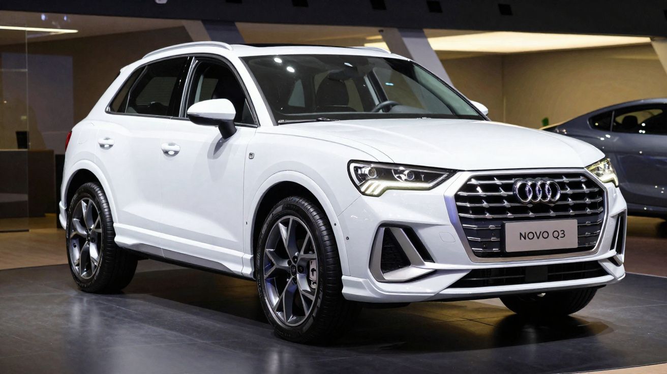 Audi Novo Q3 branco estacionado em sala de exposição automóvel moderna.