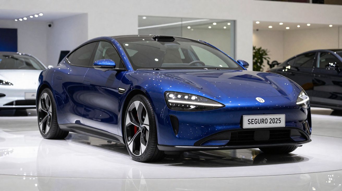 Carro desportivo elétrico azul exibido numa feira automóvel moderna, com placas "SEGURO 2025".