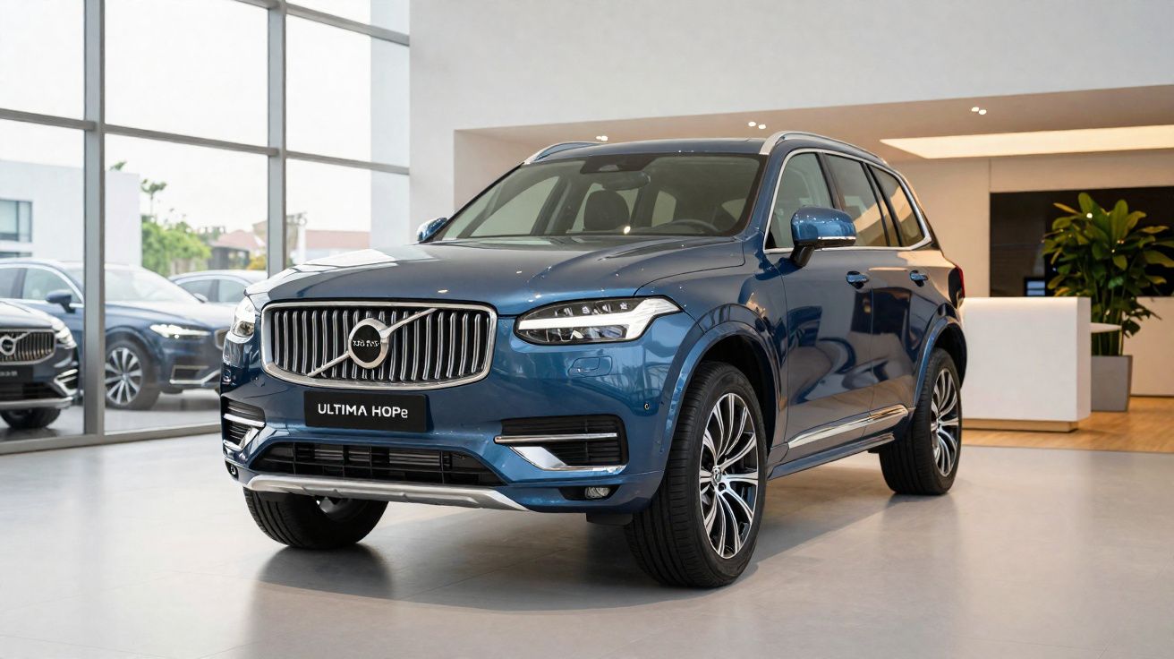 Carro Volvo XC90 azul exposto em salão moderno com piso cinzento e janelas amplas.