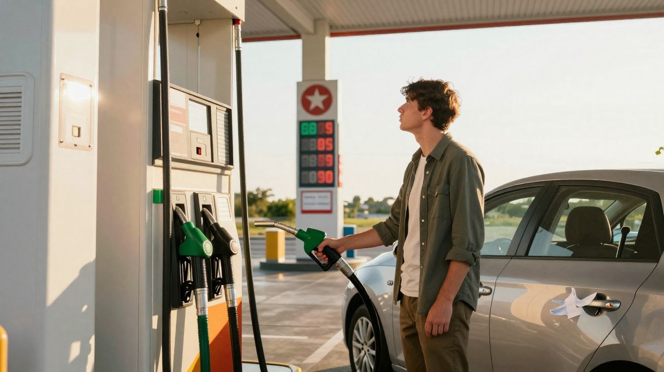 Homem a abastecer carro com combustível numa bomba de posto de gasolina ao entardecer.