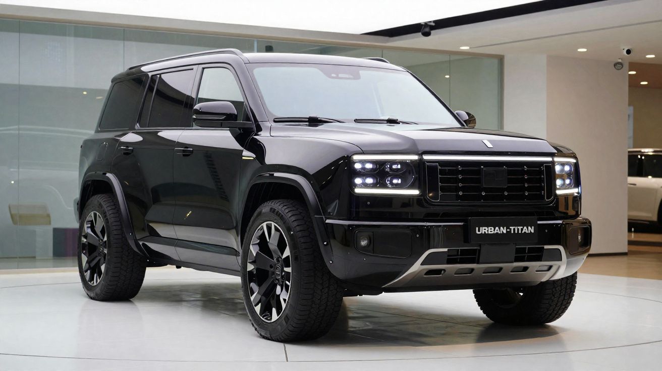 SUV preto Urban-Titan estacionado numa sala moderna com piso branco e paredes de vidro.