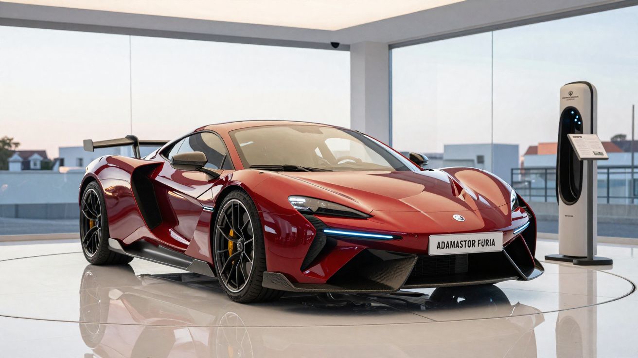 Carro desportivo vermelho Adamastor Fúria exposto numa sala moderna com carregador elétrico ao lado.