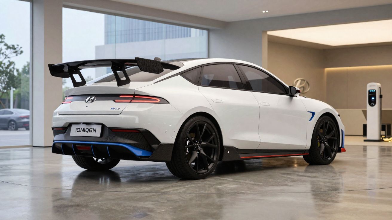 Carro elétrico branco Hyundai Ioniq 6 com asa traseira grande numa garagem moderna e iluminada.