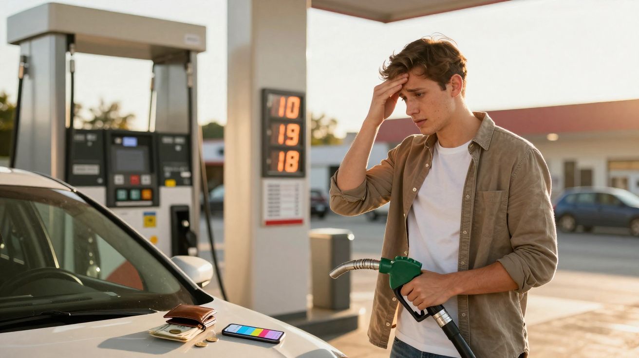 Homem preocupado a abastecer carro numa bomba de gasolina com carteira e telemóvel em cima do capot.