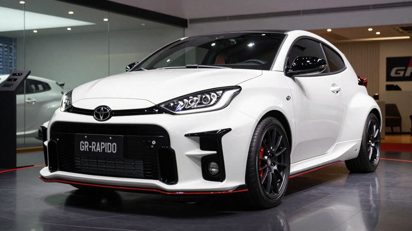 Automóvel desportivo branco Toyota GR-Rapido estacionado em showroom moderno.