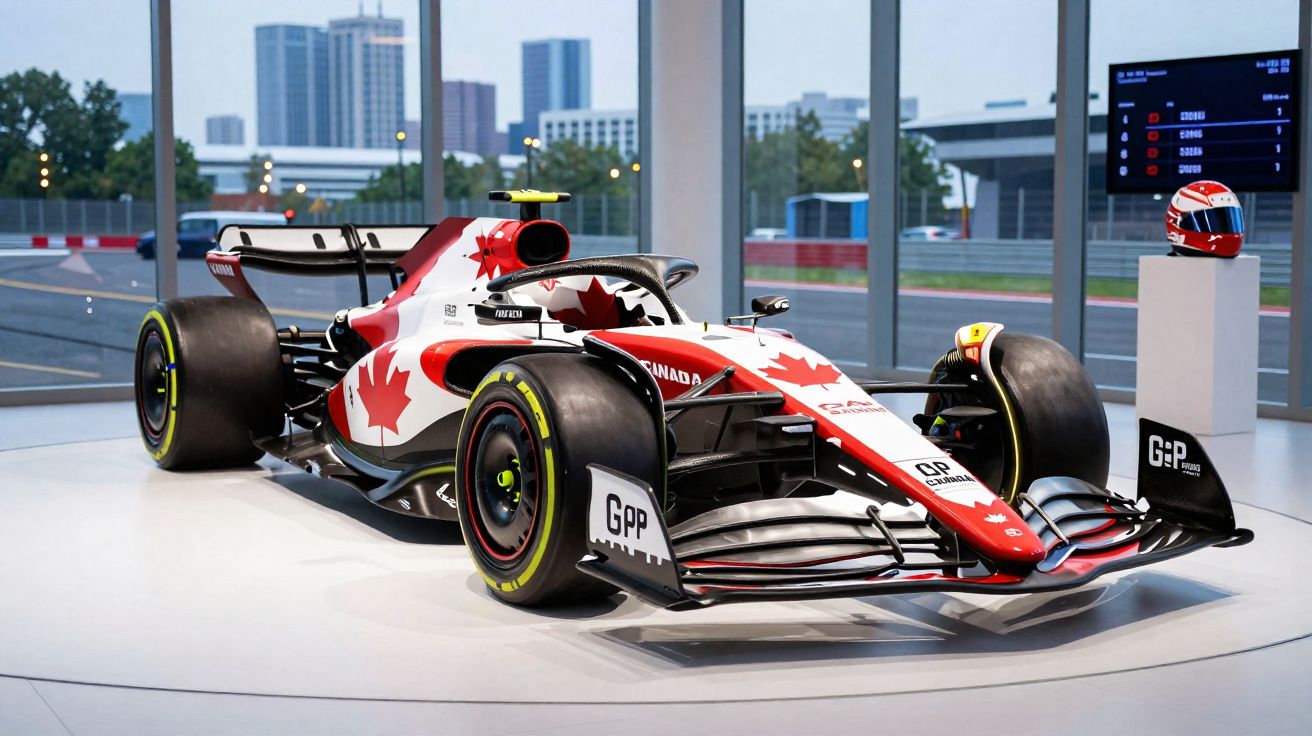 Carro de Fórmula 1 com design vermelho e branco e folhas de bordo canadenses exposto em sala moderna.