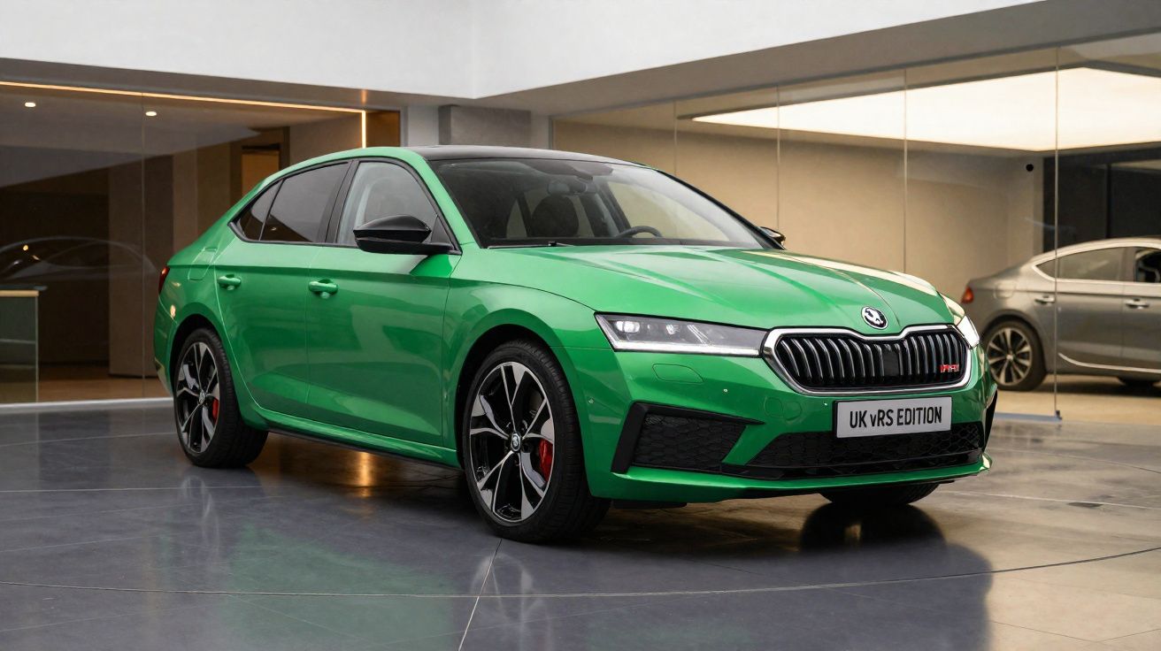 Carro desportivo Škoda Octavia vRS verde com detalhes em preto num ambiente moderno interior.