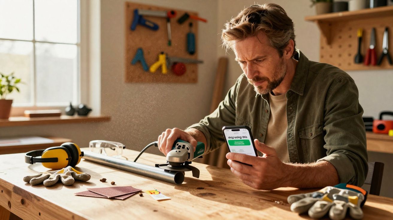 Homem a utilizar esmeril elétrico numa bancada de trabalho enquanto consulta o telemóvel.