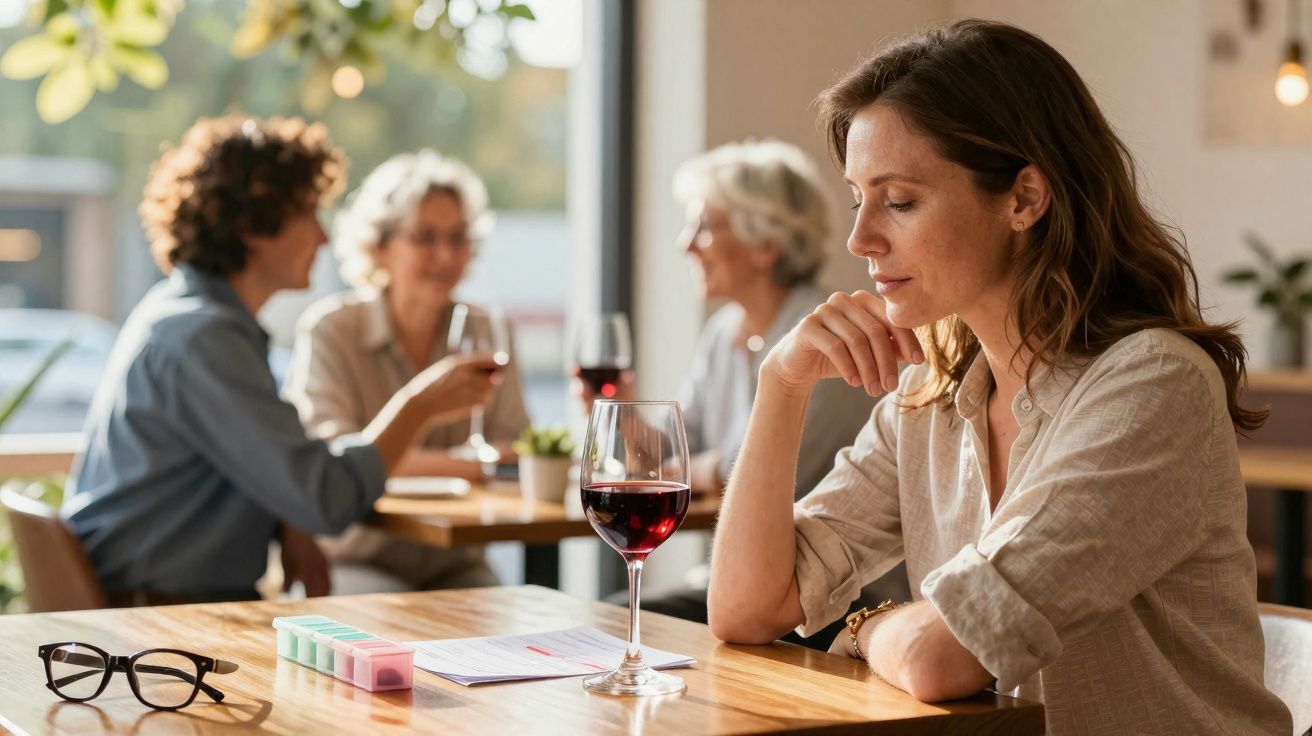 Mulher pensativa sentada sozinha à mesa com copo de vinho, ao fundo grupo de pessoas a conversar num café.