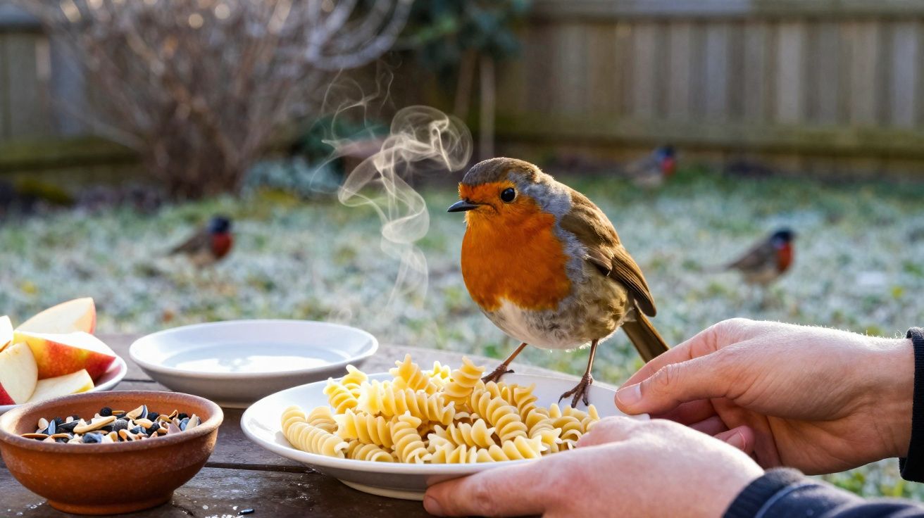 Pássaro com peito laranja pousado num prato de massa fusilli fumegante segurado por duas mãos.