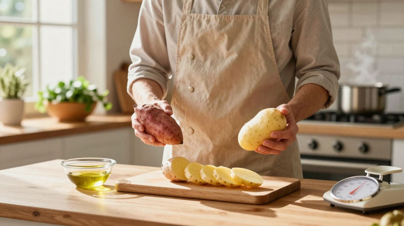 Pessoa com avental a segurar batatas, junto a tábua com batatas fatiadas e um recipiente com azeite numa cozinha.