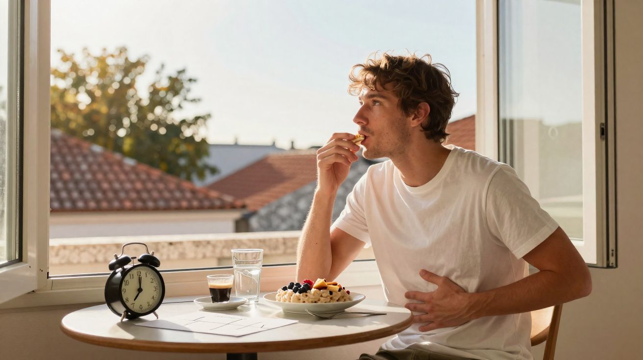Homem em camisa branca a comer uma taça de fruta e cereal sentado junto a uma janela aberta numa manhã soalheira.