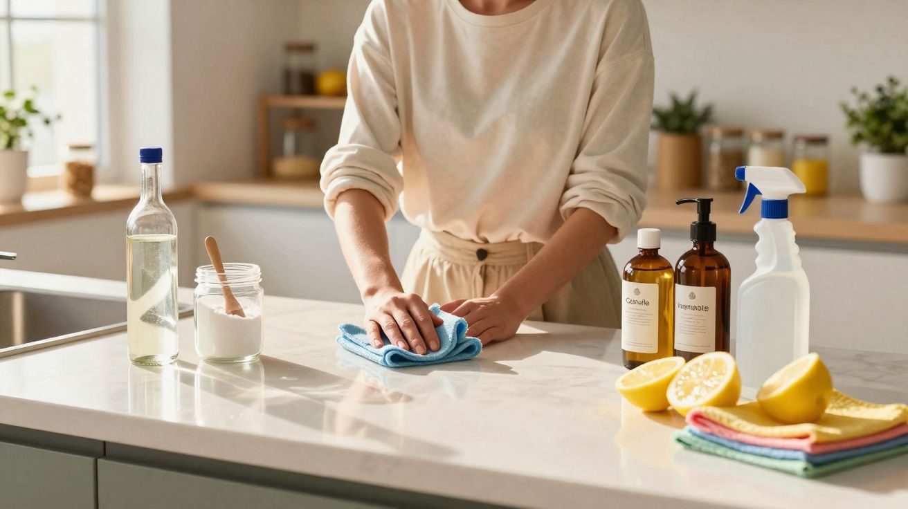 Pessoa a limpar balcão de cozinha com pano azul e produtos de limpeza naturais ao lado.