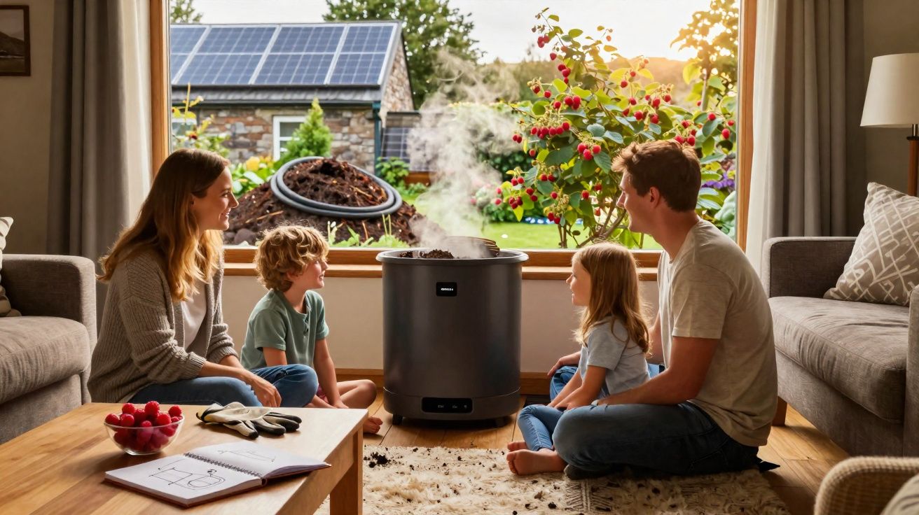 Família sentada em círculo em sala com compostor doméstico e paisagem rural ao fundo.