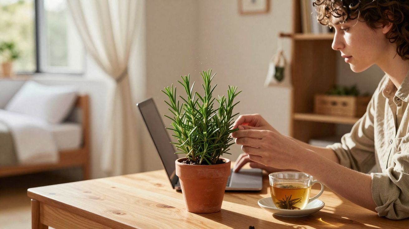 Pessoa a usar computador portátil e a cuidar de uma planta numa mesa de madeira, com chá ao lado.