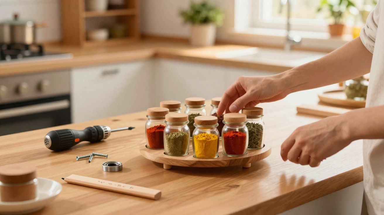 Mãos a mexer em frascos de especiarias coloridas numa bancada de cozinha em madeira clara.