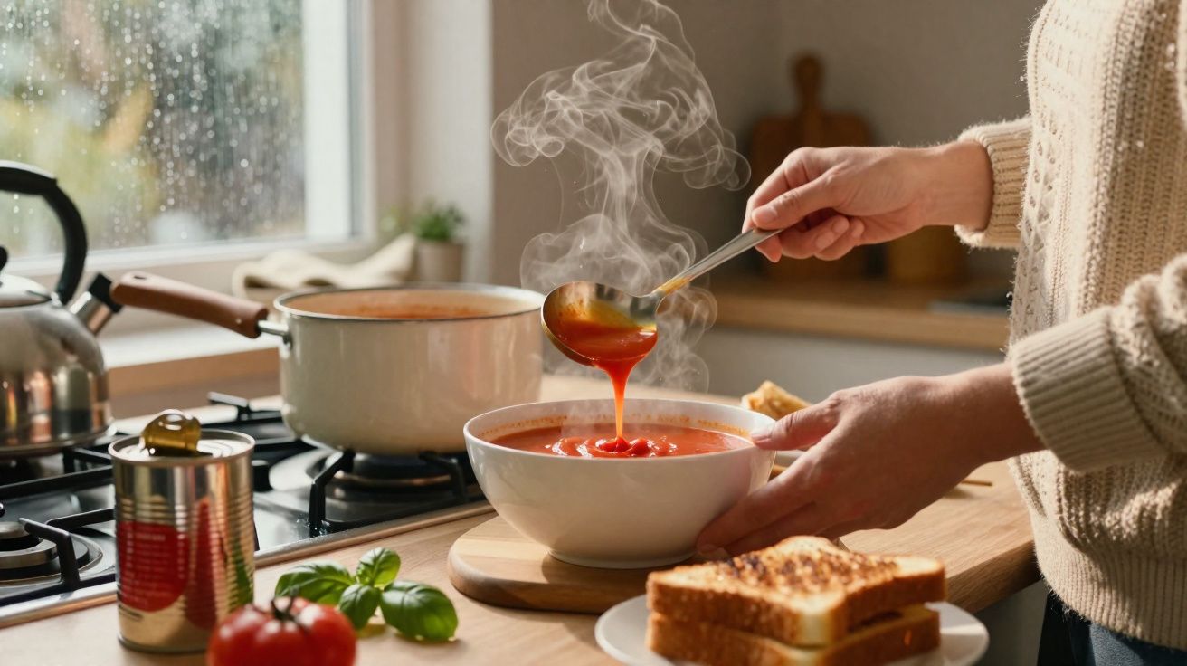 Pessoa a servir sopa quente de tomate numa tigela, com pão torrado e tomate na bancada da cozinha.