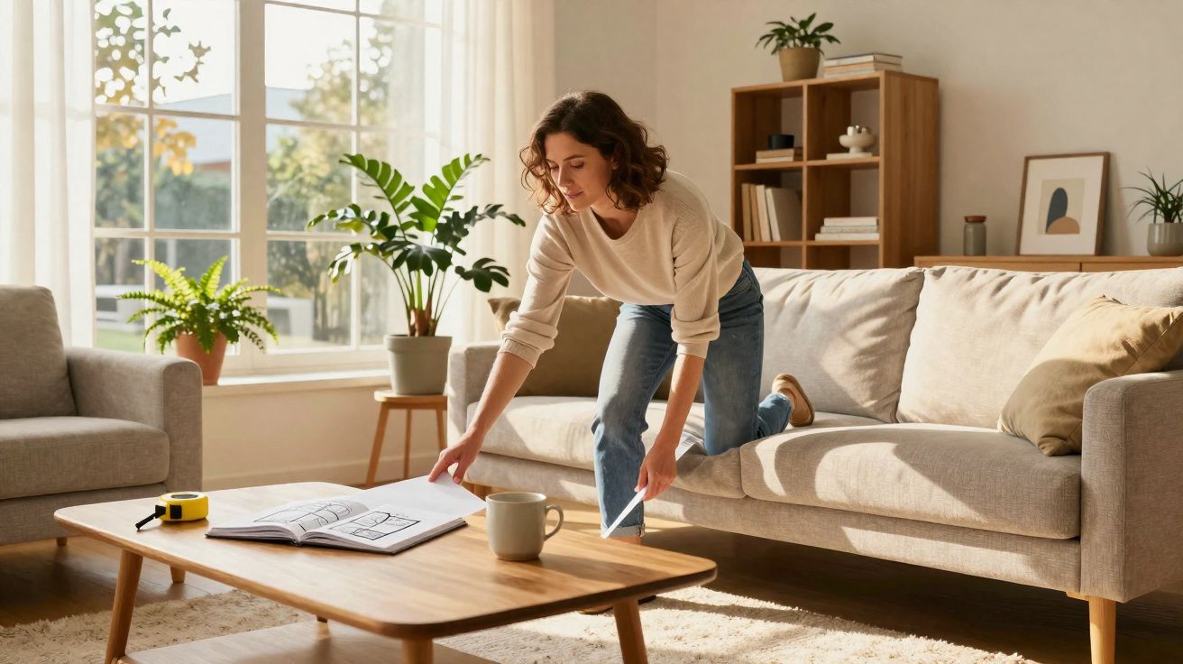 Mulher a olhar plantas num livro aberto sobre mesa de centro numa sala iluminada com sofá e plantas.