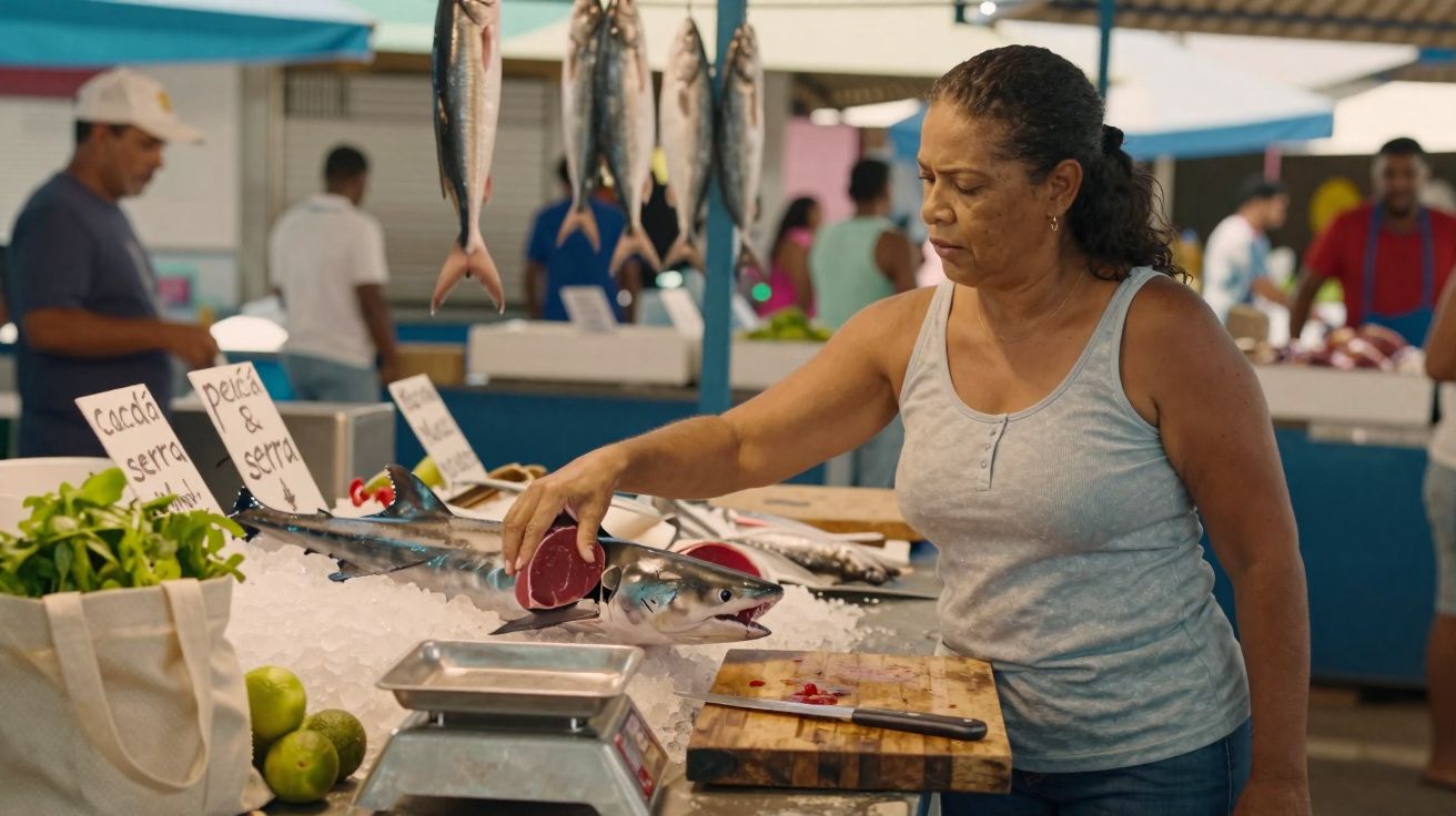 Mulher a cortar peixe fresco numa banca de mercado de peixe com clientes ao fundo.