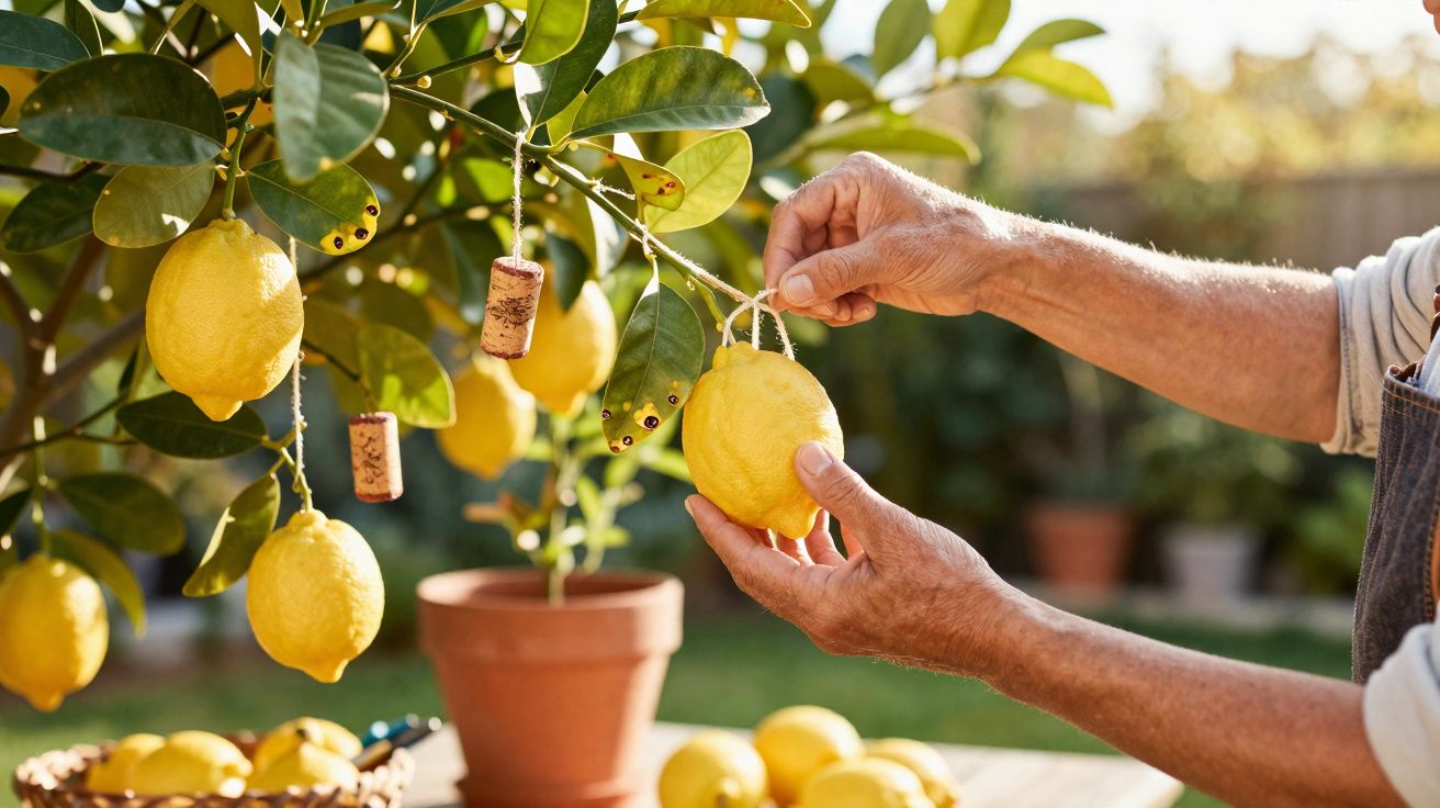 Pessoa a colher limão com pesos de cortiça pendurados numa árvore de limão num jardim.