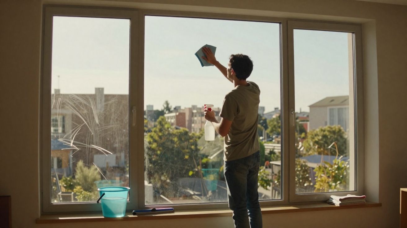 Pessoa a limpar uma janela grande com um pano e um pulverizador, com vista para edifícios e árvores.