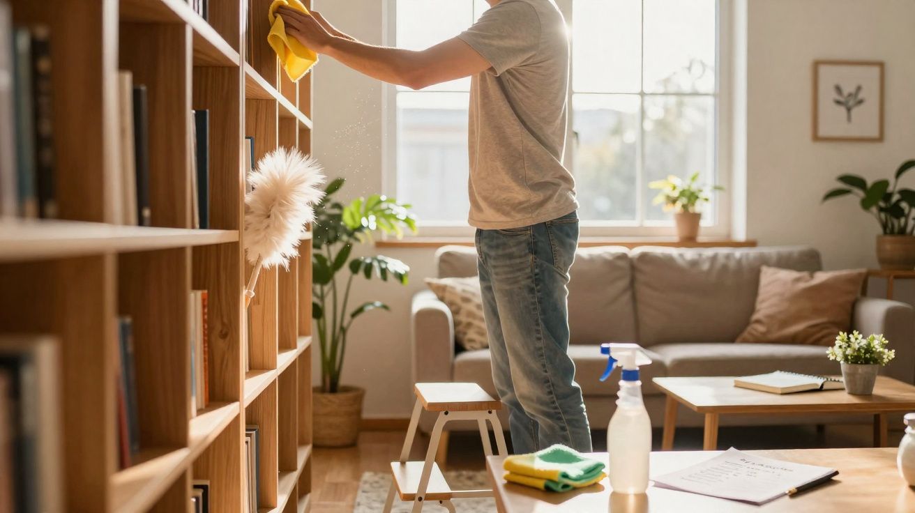 Pessoa a limpar estante de madeira numa sala iluminada, com sofá, plantas e mesa com produtos de limpeza.