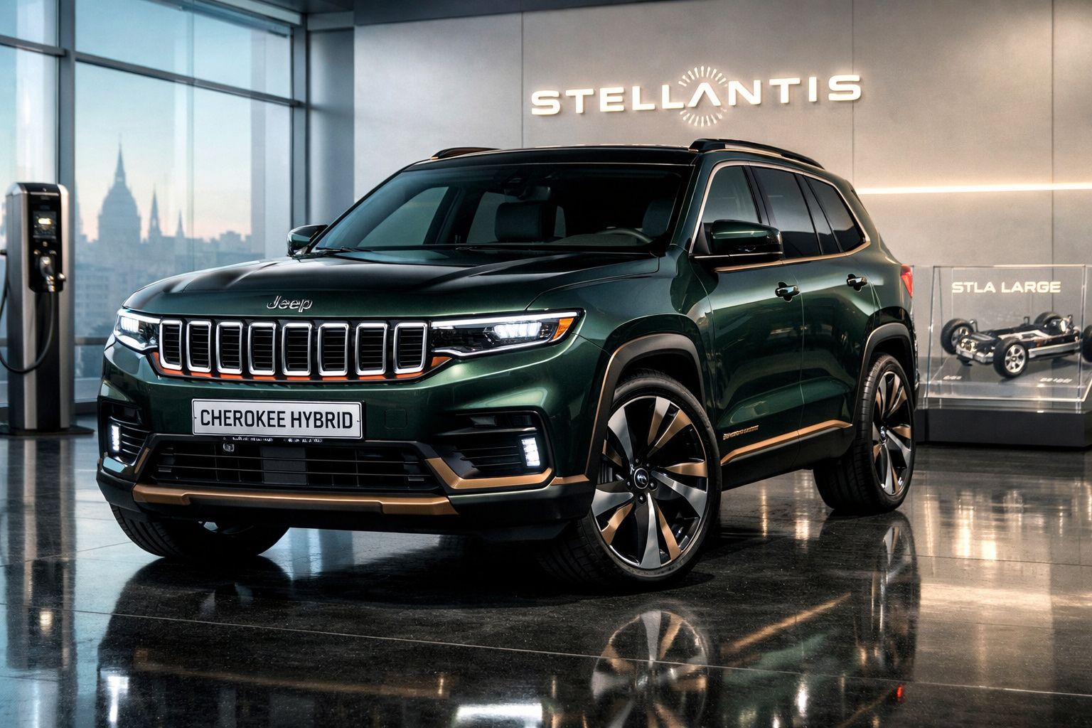 SUV Jeep Cherokee Hybrid verde escuro em exposição na sede da Stellantis.