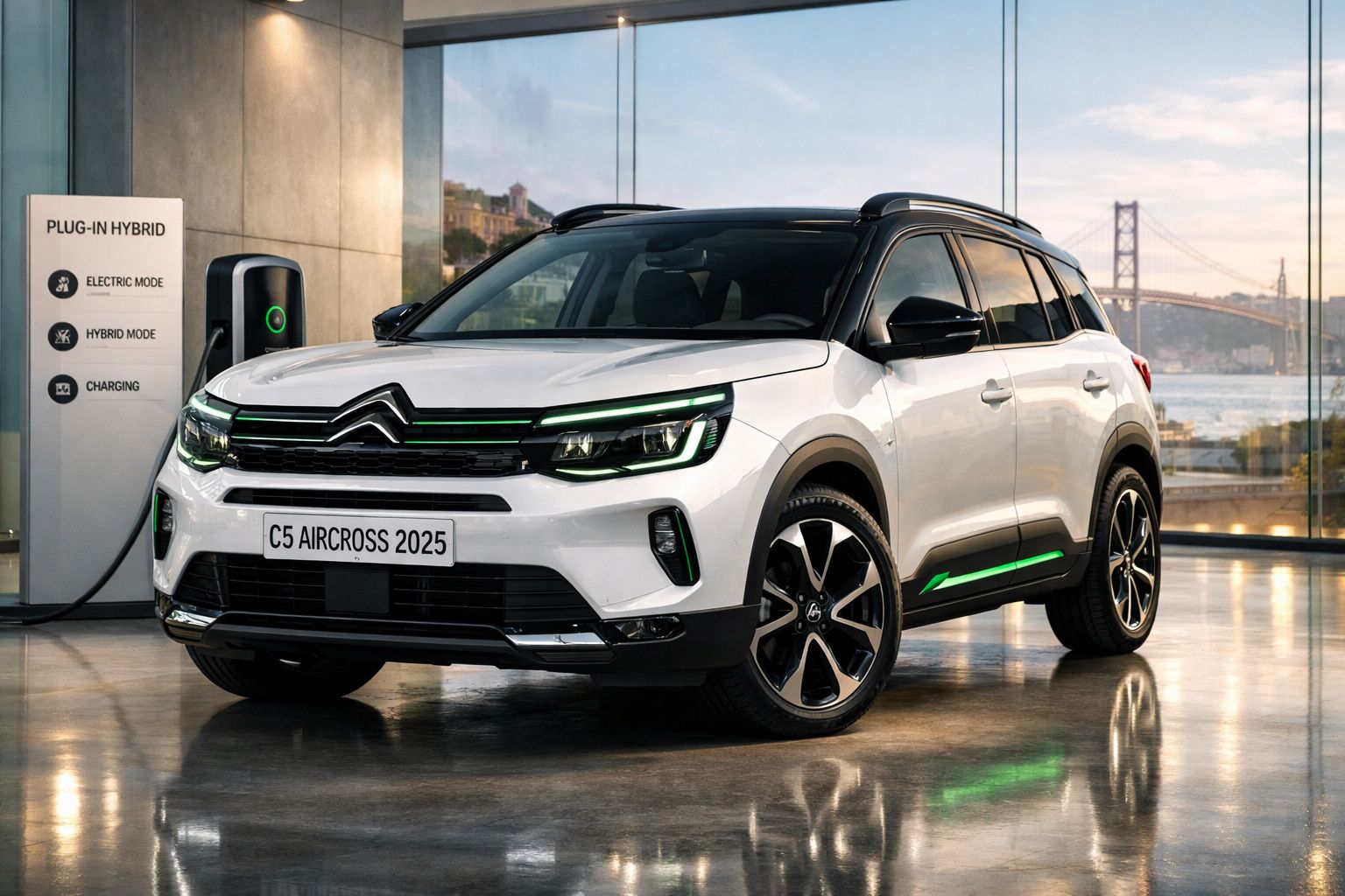 Citroën C5 Aircross 2025 branco plug-in híbrido a ser carregado numa estação interior com vista de ponte.