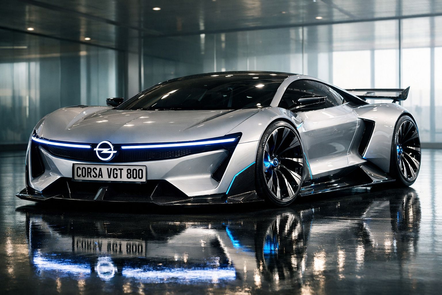 Carro desportivo cinzento prateado Opel Corsa VGT 800 em ambiente interior moderno com reflexos no chão molhado.