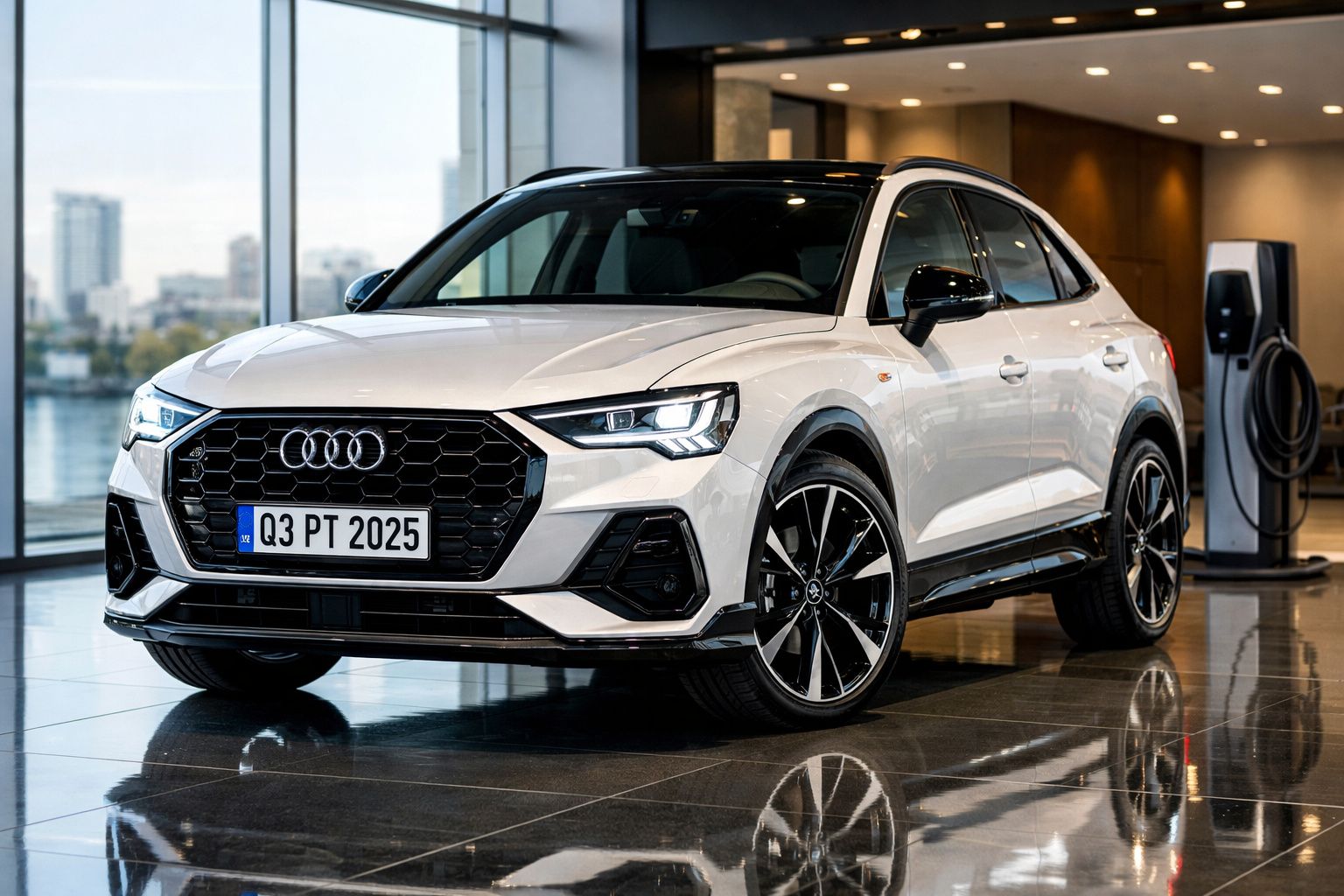 Carro Audi branco Q3 2025 estacionado interiormente junto a posto de carregamento elétrico.