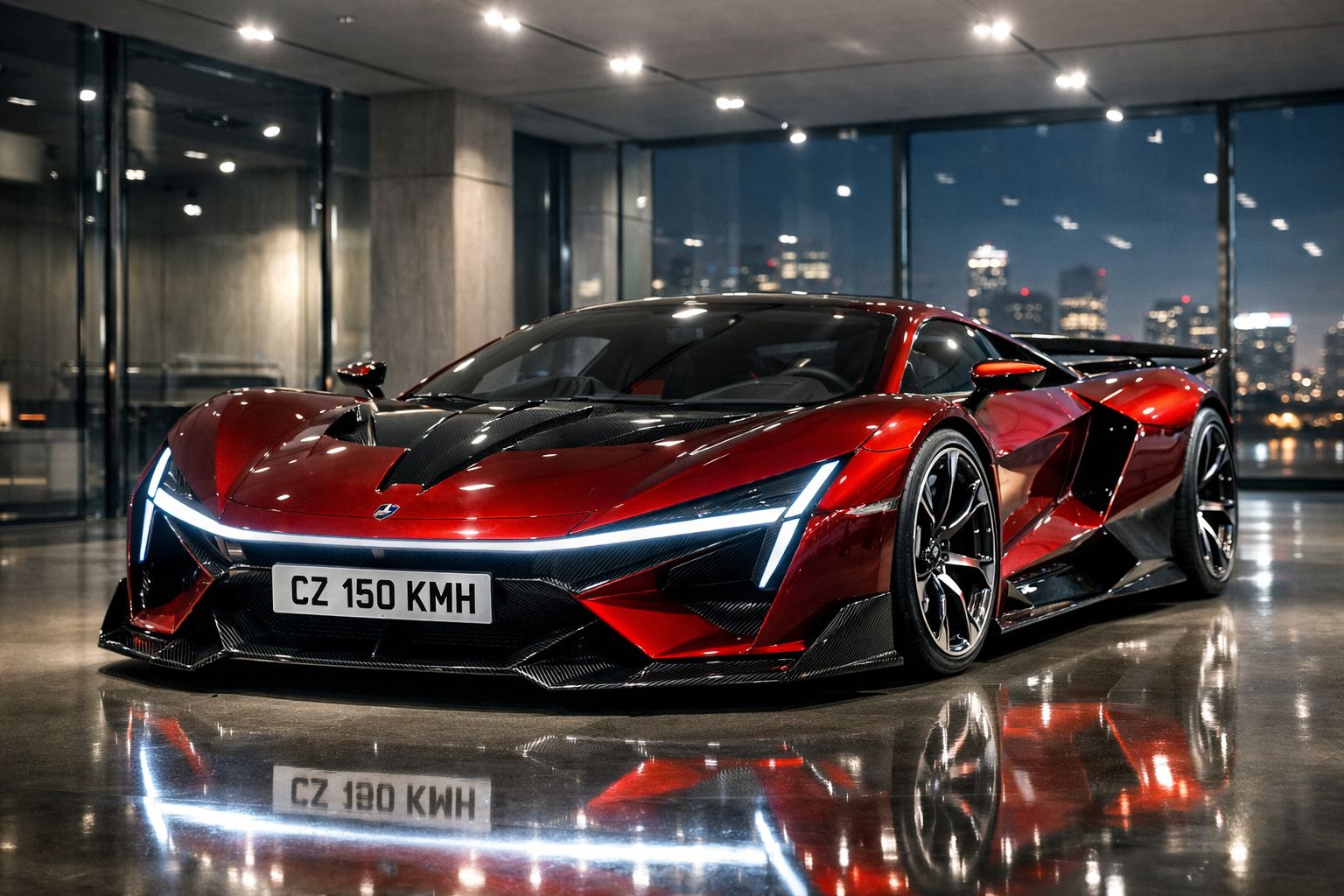 Carro desportivo vermelho de alto desempenho com detalhes em carbono exposto num interior moderno à noite.