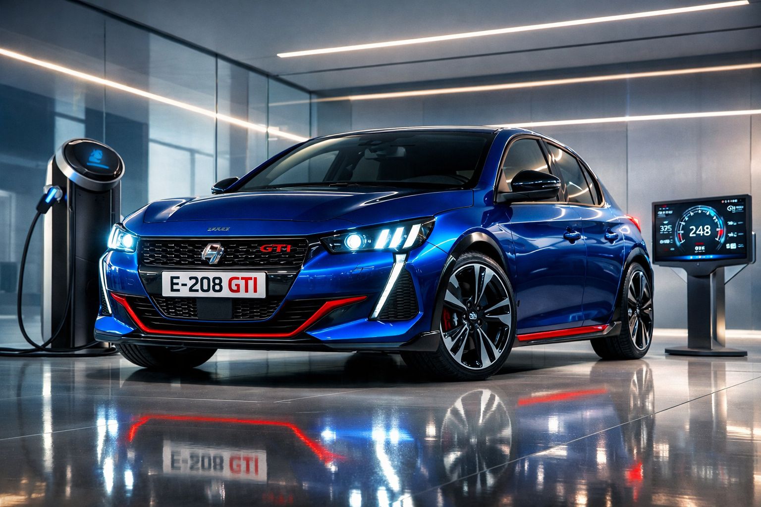 Carro eléctrico azul Peugeot E-208 GTI em recarregamento numa estação moderna com ecrã digital a mostrar dados.