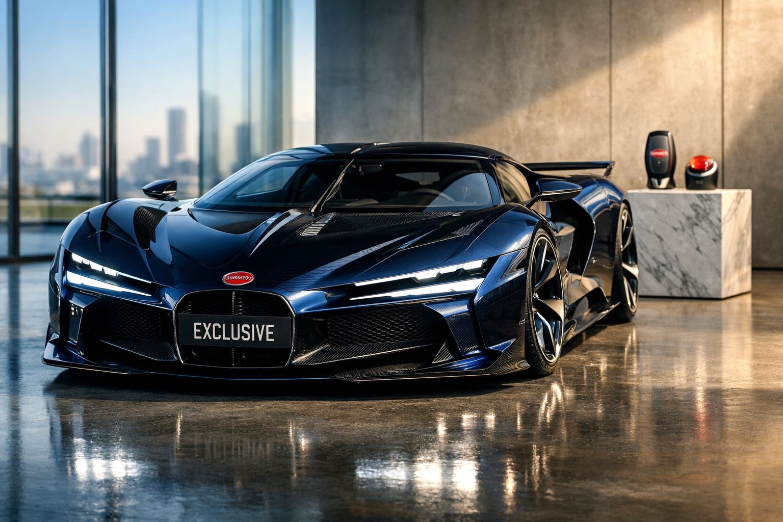 Carro desportivo Bugatti azul metálico estacionado em interior com luz natural e chão espelhado.