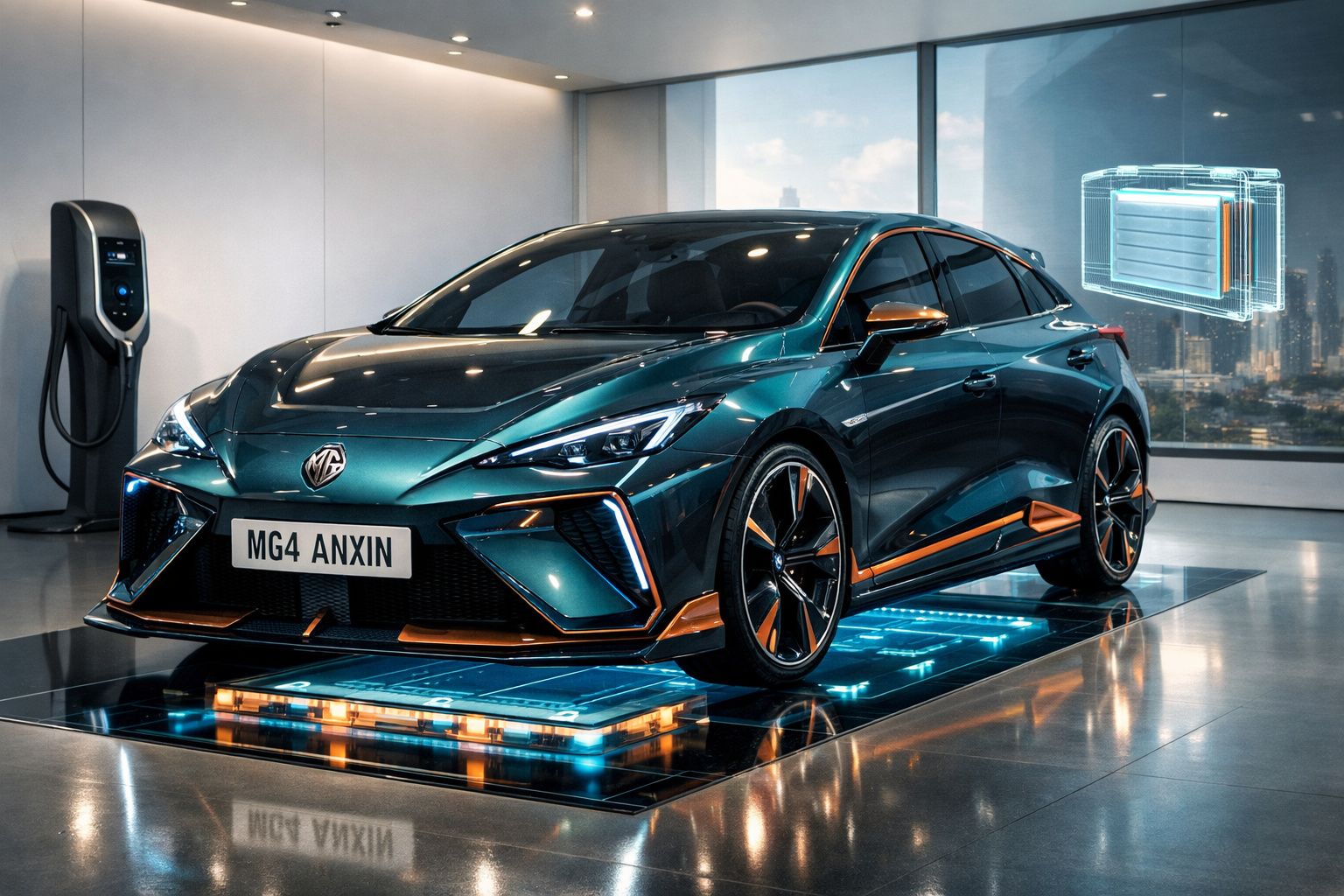 Carro elétrico compacto MG Anxin verde num showroom moderno com estação de carregamento ao fundo.