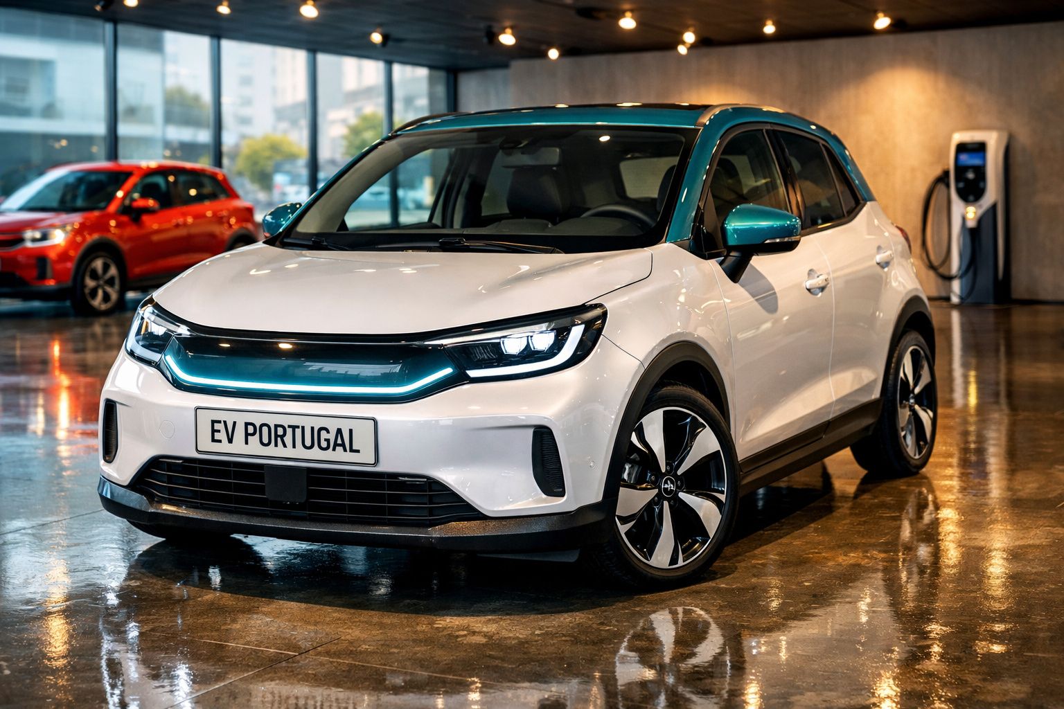 Carro elétrico branco estacionado em espaço interior com carregador elétrico ao fundo.