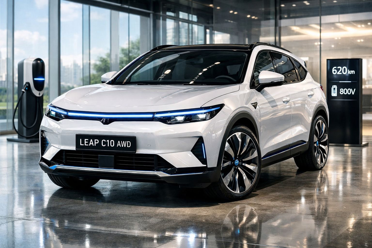 Carro elétrico branco LEAP C10 AWD estacionado em interior moderno com posto de carregamento ao fundo.