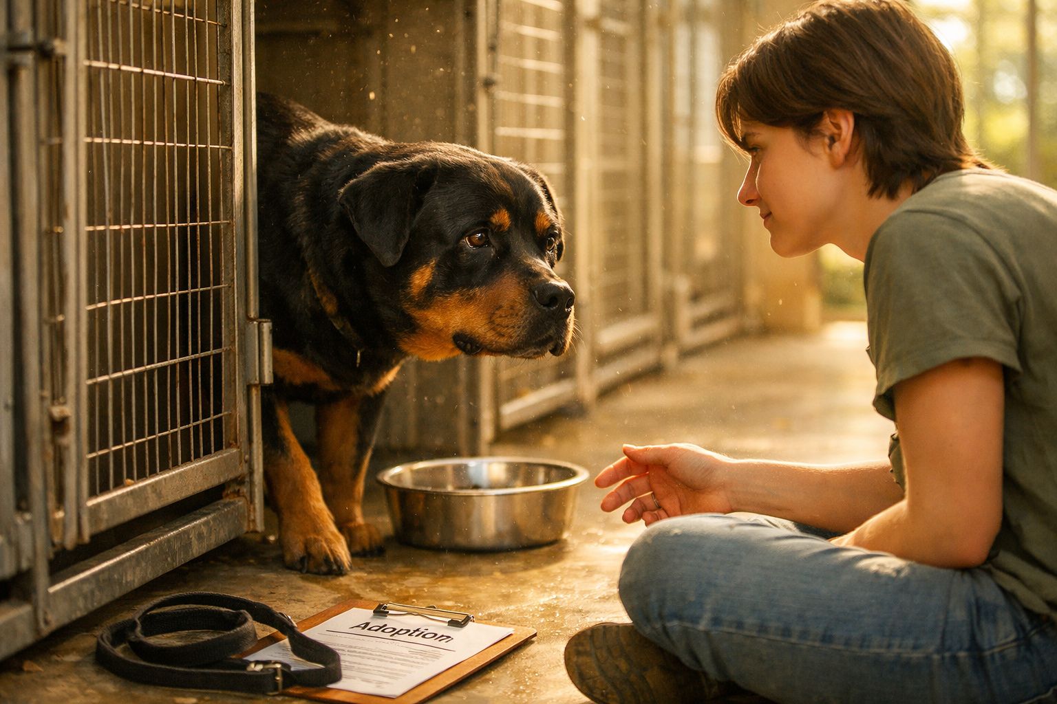 Pessoa a interagir com um cão numa caixa de abrigo com um prato e uma ficha de adoção no chão.