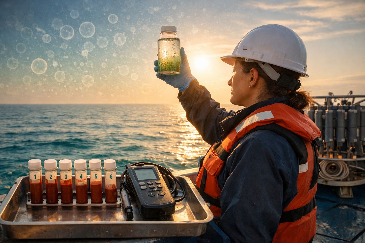 Cientista com equipamento de segurança analisa amostra de água do mar ao pôr do sol num barco de pesquisa.