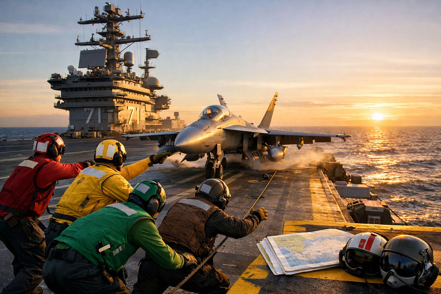 Pessoal naval a sinalizar para um caça F/A-18 a descolar de um porta-aviões ao pôr do sol no oceano.